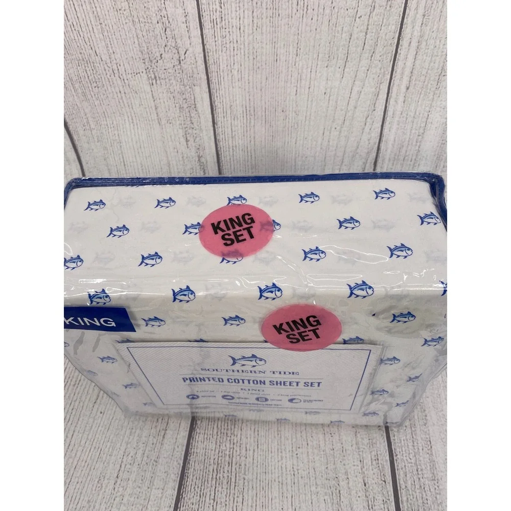 Southern Tide Skipjack Sheet Set King White Blue 100% Cotton Percale Coastal